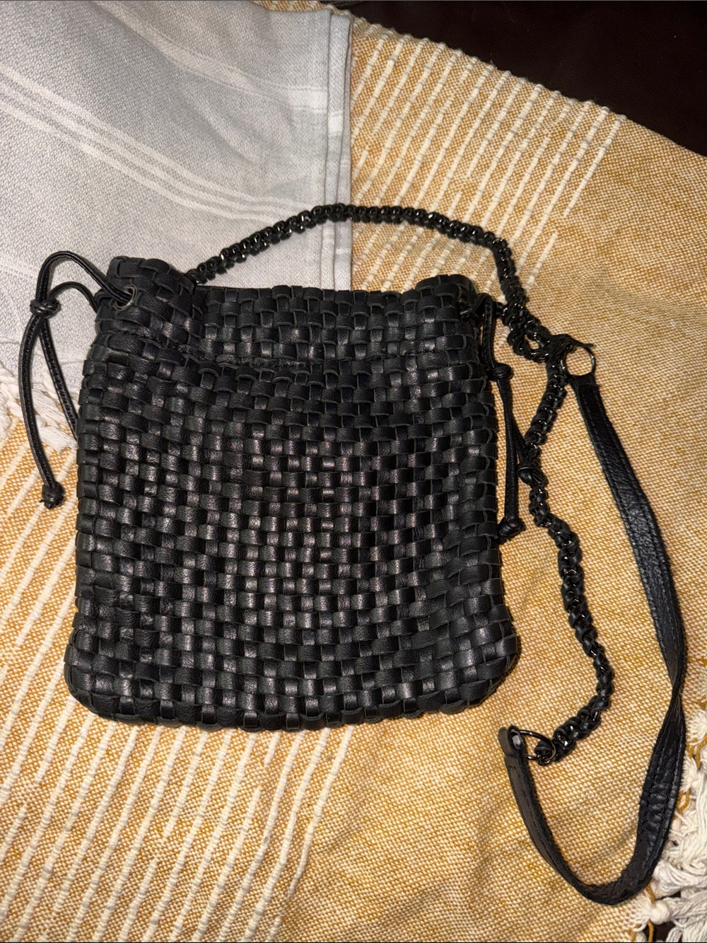 Linea Pelle Black Woven Crossbody with Chain Strap
